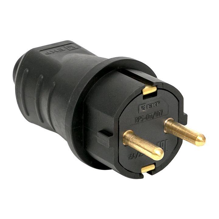 вилка прямая 16а 2p+pe 230в ip44 каучук черн. ekf rps-011-16-230-44 с доставкой по МСК, категория вилка с защитным контактом бытовая schuko
