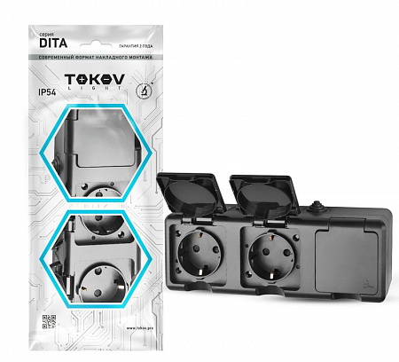 розетка 3-м оп dita 16а ip54 250в с заземл. с крышкой карбон tokov electric tkl-dt-r3z-c14-ip54 с доставкой по МСК