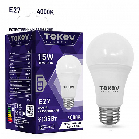Лампа светодиодная 15Вт А60 4000К Е27 176-264В TOKOV ELECTRIC TKE-A60-E27-15-4K лампа светодиодная 15вт а60 4000к е27 176-264в tokov electric tke-a60-e27-15-4k с доставкой по МСК