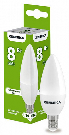 Лампа светодиодная C35 8Вт свеча 4000К E14 230В GENERICA LL-C35-08-230-40-E14-G лампа светодиодная c35 8вт свеча 4000к e14 230в generica ll-c35-08-230-40-e14-g с доставкой по МСК