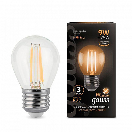 лампа светодиодная филаментная black filament 9вт p45 шар 2700к тепл. бел. e27 680лм gauss 105802109 с доставкой по МСК
