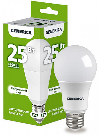 лампа светодиодная a65 25вт грушевидная 4000к e27 230в generica ll-a65-25-230-40-e27-g с доставкой по МСК