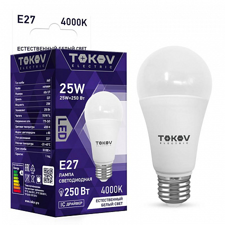 лампа светодиодная 25вт а60 4000к е27 176-264в tokov electric tke-a60-e27-25-4k с доставкой по МСК
