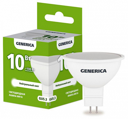 Лампа светодиодная MR16 10Вт софит 4000К GU5.3 230В GENERICA LL-MR16-10-230-40-GU5-G лампа светодиодная mr16 10вт софит 4000к gu5.3 230в generica ll-mr16-10-230-40-gu5-g с доставкой по МСК
