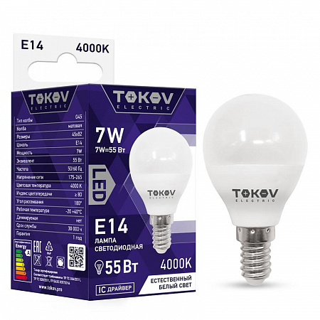 лампа светодиодная 7вт g45 4000к е14 176-264в tokov electric tke-g45-e14-7-4k с доставкой по МСК