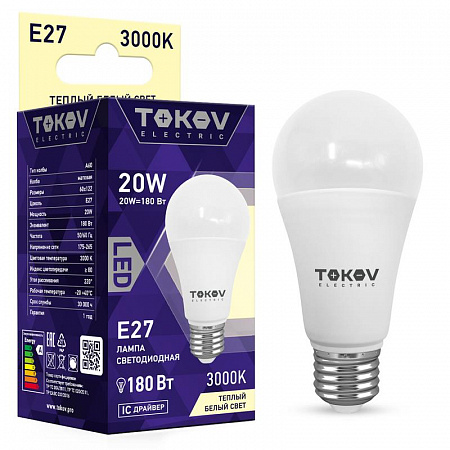 Лампа светодиодная 20Вт А60 3000К Е27 176-264В TOKOV ELECTRIC TKE-A60-E27-20-3K лампа светодиодная 20вт а60 3000к е27 176-264в tokov electric tke-a60-e27-20-3k с доставкой по МСК
