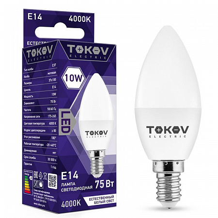 Лампа светодиодная 10Вт С37 4000К Е14 176-264В TOKOV ELECTRIC TKE-C37-E14-10-4K лампа светодиодная 10вт с37 4000к е14 176-264в tokov electric tke-c37-e14-10-4k с доставкой по МСК