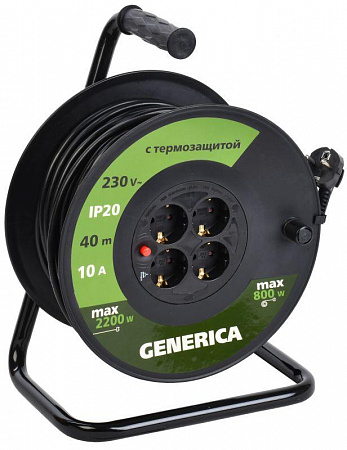 Удлинитель на катушке 4х40м 10А IP20 УК40 2P+PE 3х1 термозащита GENERICA WKP10-10-04-40-G удлинитель на катушке 4х40м 10а ip20 ук40 2p+pe 3х1 термозащита generica wkp10-10-04-40-g с доставкой по МСК