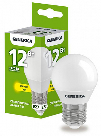 Лампа светодиодная G45 12Вт шар 3000К E27 230В GENERICA LL-G45-12-230-30-E27-G лампа светодиодная g45 12вт шар 3000к e27 230в generica ll-g45-12-230-30-e27-g с доставкой по МСК