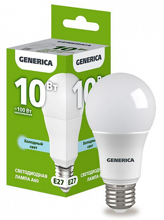 Лампа светодиодная A60 10Вт грушевидная 6500К E27 230В GENERICA LL-A60-10-230-65-E27-G лампа светодиодная a60 10вт грушевидная 6500к e27 230в generica ll-a60-10-230-65-e27-g с доставкой по МСК