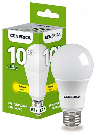 лампа светодиодная a60 10вт грушевидная 3000к e27 230в generica ll-a60-10-230-30-e27-g с доставкой по МСК